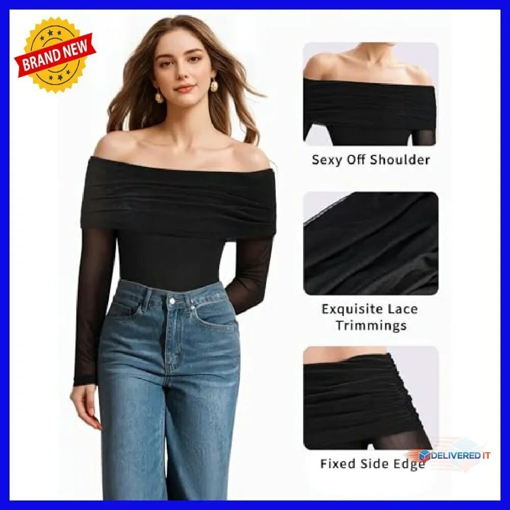 Sheer Mesh Off Shoulder Bodysuit Long Sleeve Backless Double Lined